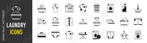Hygiene and laundry icons set. Washing hands, bathing, premises, soap, clean, clothing, antiseptic, respiratory mask and sanitation. Vector illustration