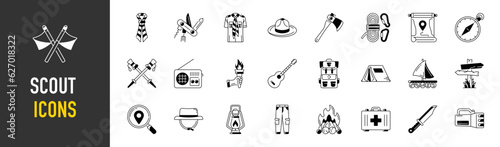 set of scouts icons. Solid icons such as tent, shore, beanie, animal, life vest, fleur de lis, wristwatch and more