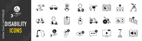 Disability web icon vector illustration concept with icon of disabled, blind, amputated, deaf-mute, deaf, walkers.
