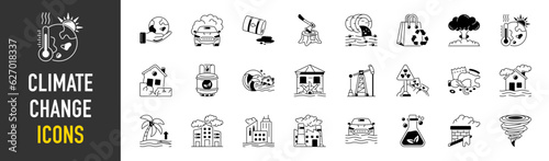 Climate change icon set. Containing global warming, greenhouse, melting ice, earth pollution and disaster icons. Solid icon set.