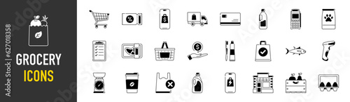 Grocery icons. Images of the departments of the grocery store, online sales, geo delivery, consumer basket, dairy and meat products, bread, vegetables, fruits vector illustration	
