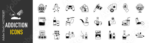 Set of Alcohol addiction, Continuing education and Ethics icons for web app. Include casino, beauty, game, tattoo, food and more icons. Vector illustration.