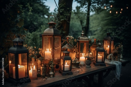 Vintage lanterns, candles and lamps set the ambiance for an striking outdoor wedding in a gorgeous garden party concept. Generative AI
