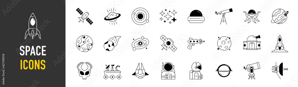 Set of space icon vector illustration in solid style for for web, landing page, stickers, and background
Set of space icon vector illustration in solid style for for web, landing page, stickers, and background