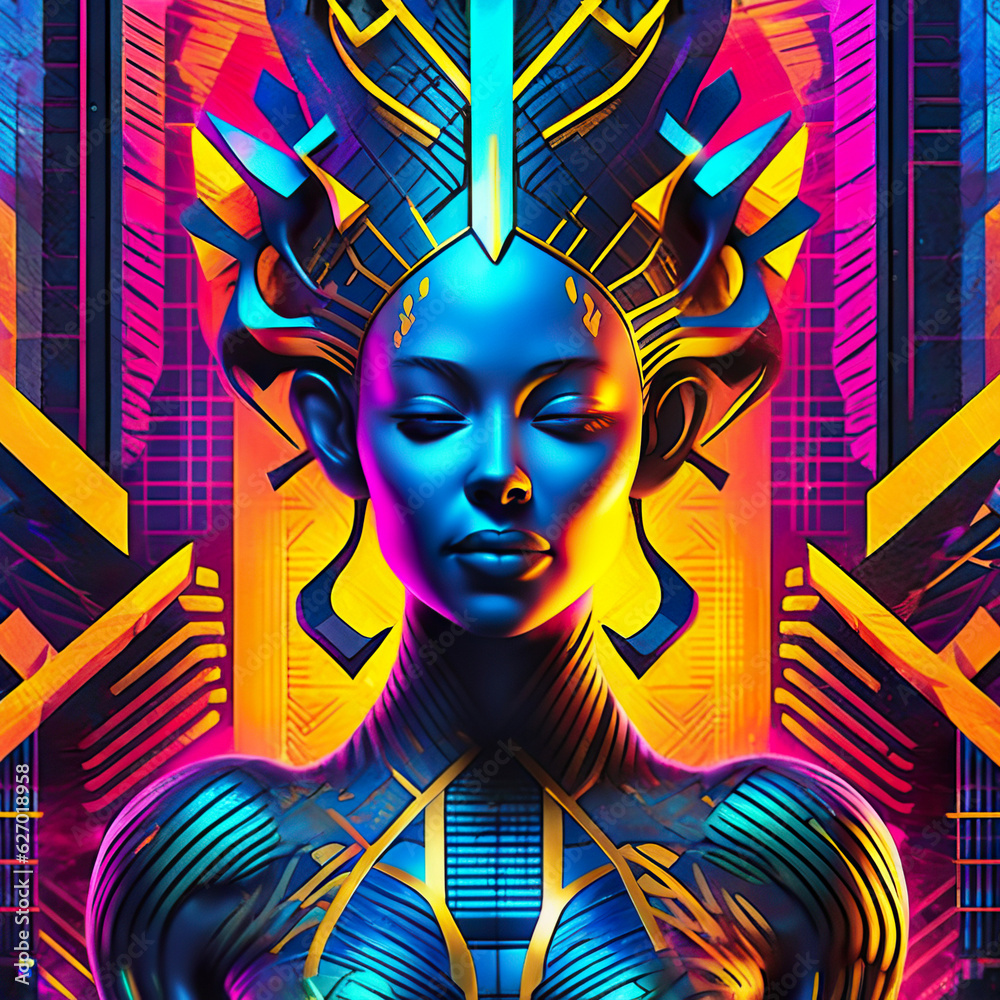Beautiful abstract female face as part of a bright futuristic geometric pattern. Fantasy illustration in 80s style. Colorful retro future wallpaper.