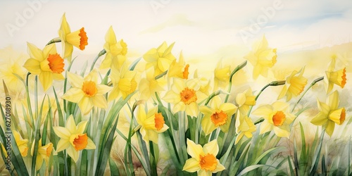 Daffodil Watercolor Mellow Hues - Daffodil Serenade - A Subtle Watercolor Expression of Tranquility. Let calmness fill the air. Generative AI Digital Illustration