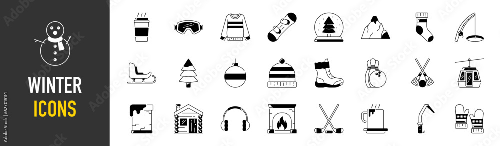 Winter vacation related pixel perfect icons set with different seasonal rest and holidays accessories and elements. Vector illustration. Winter vacation related pixel perfect icons set with different seasonal rest and holidays accessories and elements. Vector illustration.
