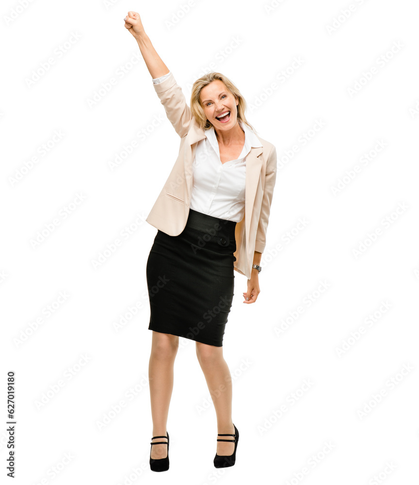 Fototapeta premium Portrait, smile and mature woman with fist of celebration in studio for good news or promotion against white background. Happy, excited and and lady winner with hands for yes, announcement or vote