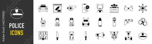 Police icon set. Containing car, dog, gun, police station, walkie talkie, bike, handcuffs and emergency call icons. Solid icon collection.