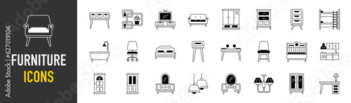 Set of icons related to home furniture, appiliance, decoration. Icon collection. Vector illustration