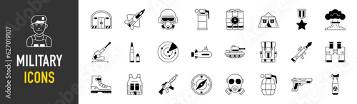 Set of war, military, army icons. Military Equipment, tools, aids and appliances. collection and pack of icons. 