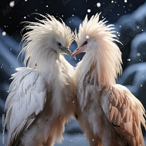 Two birds standing together in the snow. (Generative AI)