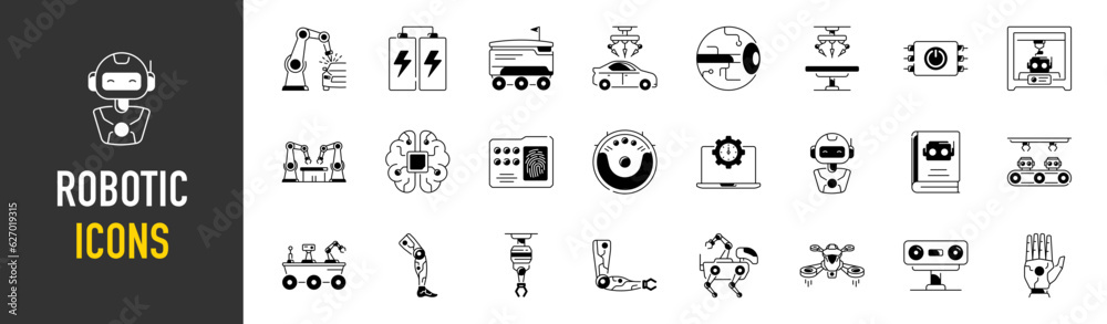 Robotic icons. Icon set with machine learning, brain, ai, head, machine, technology, AI and more. Robotic icons. Icon set with machine learning, brain, ai, head, machine, technology, AI and more.