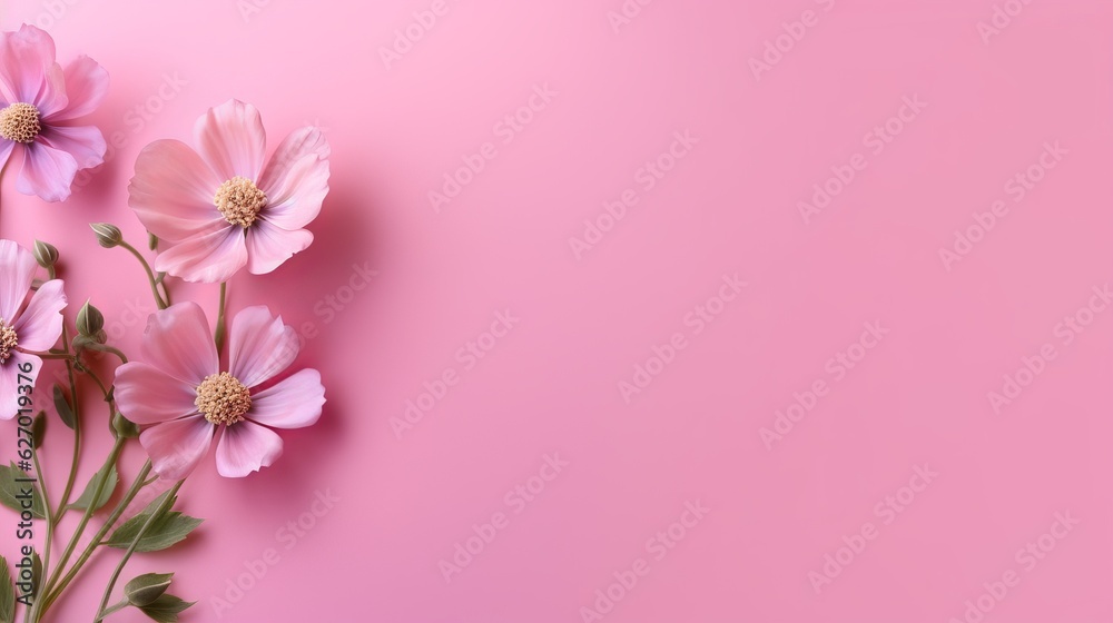 pink and white flowers on a pink background with copy space