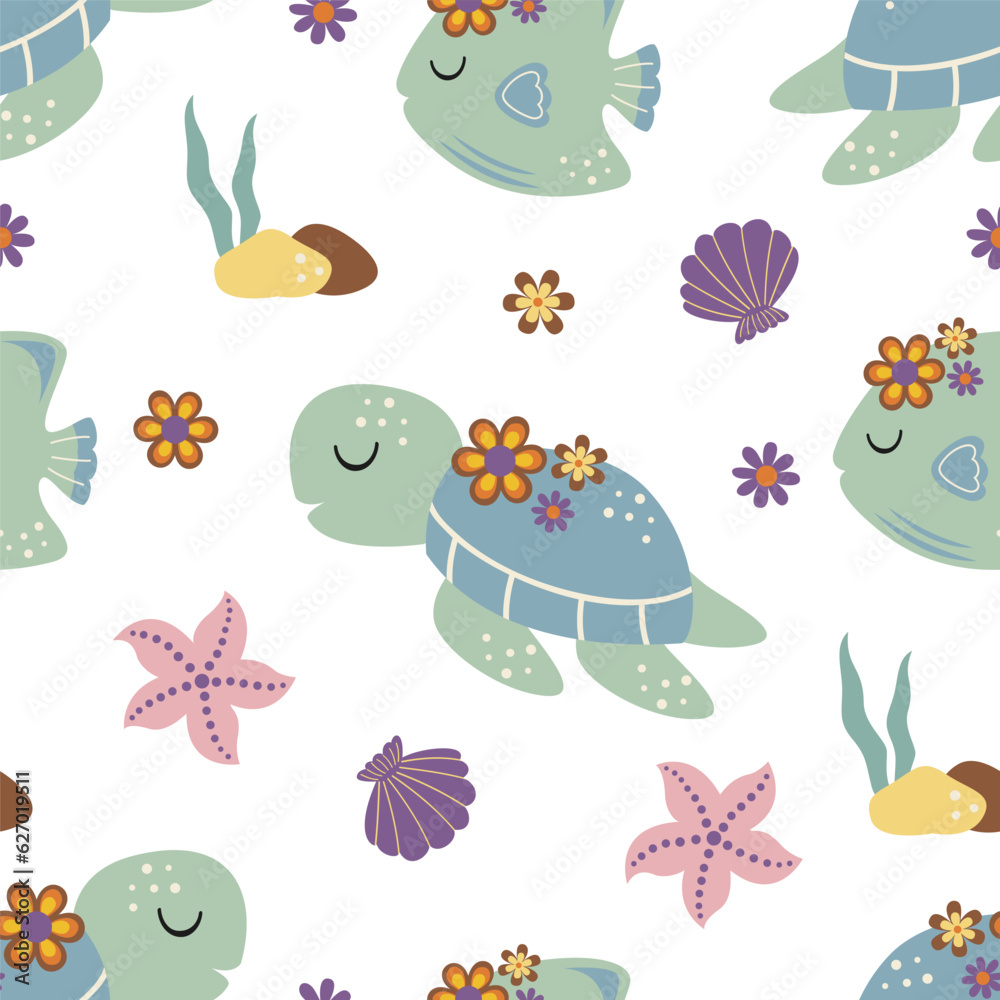 Obraz premium seamless pattern with turtle, fish
