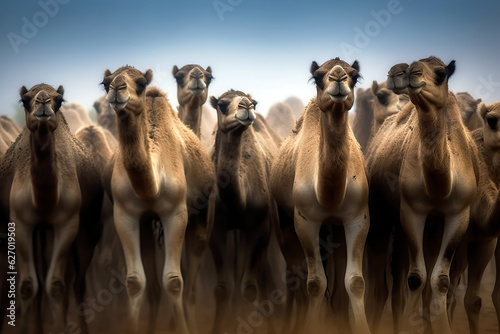 Portrait of a camel caravan. Amazing wild life. Generative Ai