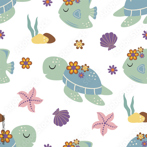 
seamless pattern with turtle, fish