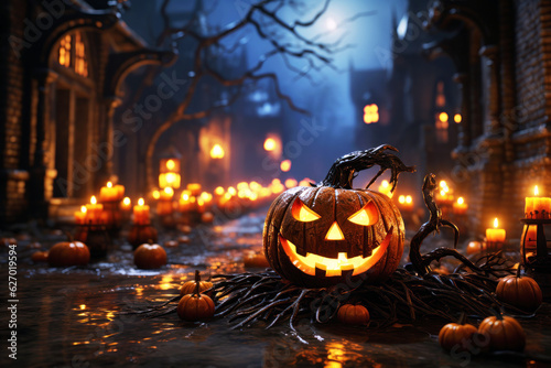 Halloween pumpkin jack o lantern in the dark night generative ai
