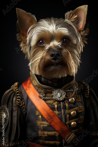 yorkshire terrier in the soldier uniform on a black background, Generative AI