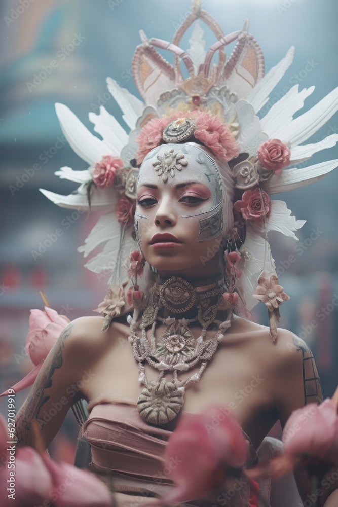 A beautiful woman wearing a vibrant headpiece, a peaceful meditation in the form of a graceful flowery dance outdoors, radiates a sense of zen and yoga