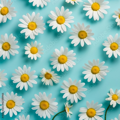 Chamomile pattern on simple blue flat lay background 
