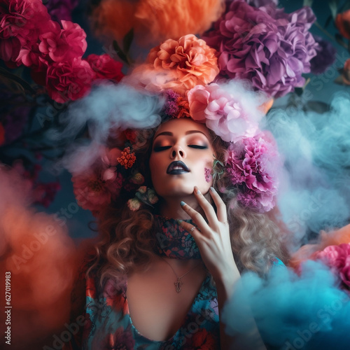 Portrait of a woman in colorful smoke and flowers