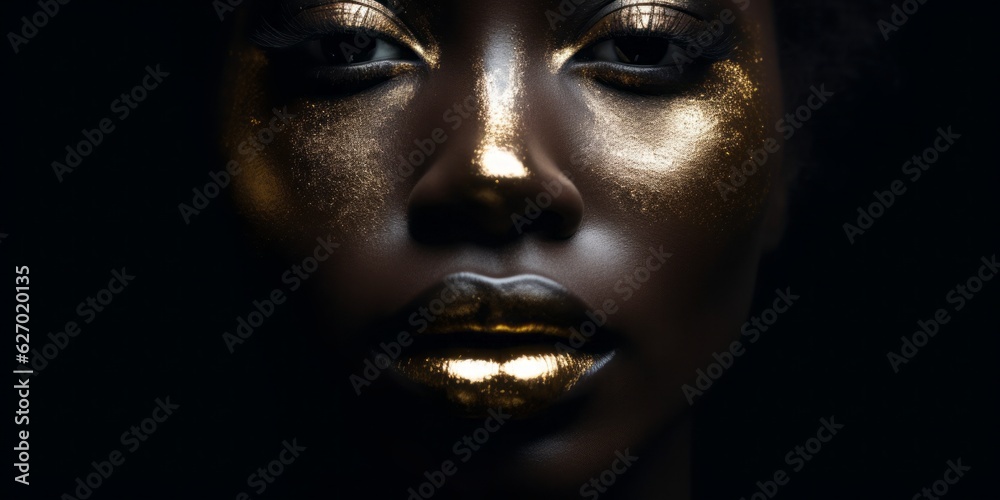 Golden Lips, Close-Up of Frontal Black Womans Face with Highlighted Golden Lips in Dark Paradise Style Golden Lips, Close-Up of Frontal Black Womans Face with Highlighted Golden Lips in Dark Paradise Style