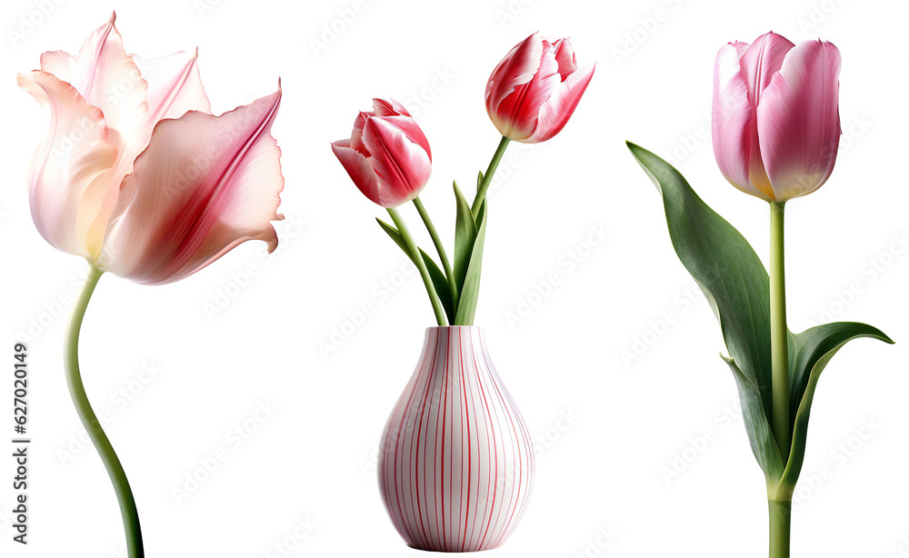 Obraz premium Set of pink tulips/flowers. Pink tulip with wavy edges close-up. Two tulips in a ceramic vase. Isolated on a transparent background. KI.