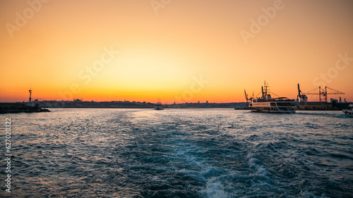 Istanbul and Bosphorus view from among the ferries at sunset. © AydinTutas