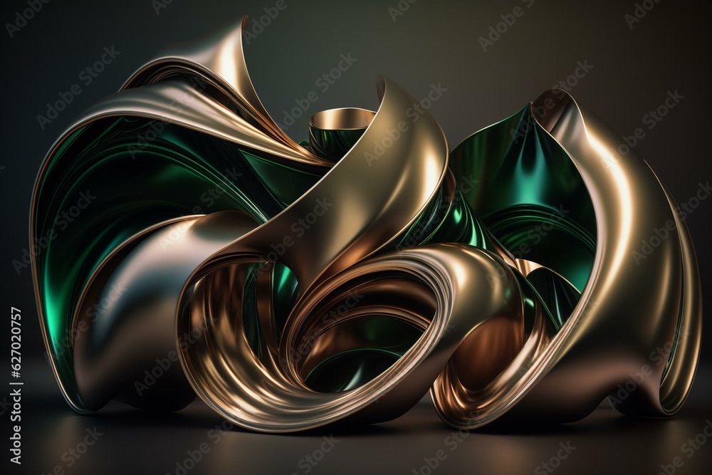 Twisted waves in bronze and deep green, modern minimalist industrial design and smooth blend. 3D rendered art with Unreal Engine 5 studio lighting. Generative AI