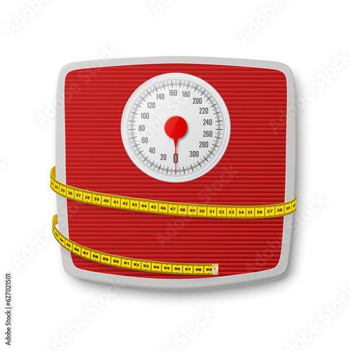 Vector 3d Realistic Bathroom Scales with Measuring Yellow Tape. Bathroom Body Weight Scales Closeup Isolated. Classic Retro Bathroom Floor Scale Design Template. The concept of Slimming, Weight Loss