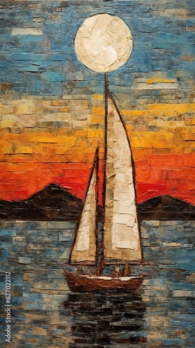 Generative AI, Painted art sailboat, Harbor on the sunset. Cumulus Clouds. Hand drawn ship