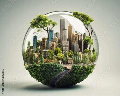 Beautiful environmental globe. Environmental cities create sustainable industries. This concept encapsulates Environmental, Social, and Corporate Governance (Generated with AI). photo