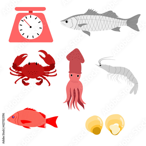 set of seafood with  scale vector illustration .