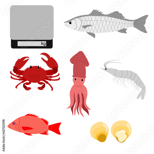 set of seafood with digital scale vector illustration .