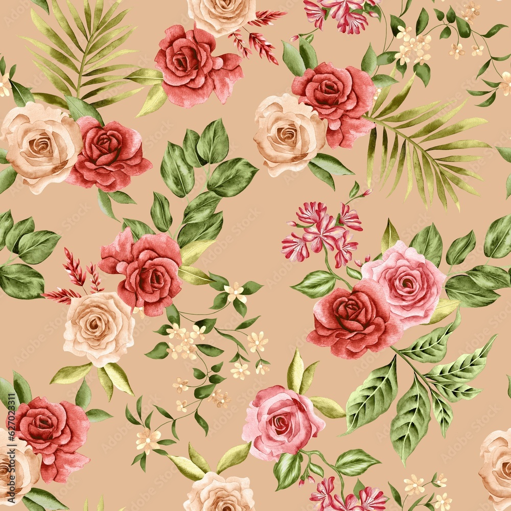 Watercolor flowers pattern, red tropical elements, green leaves, gold background, seamless