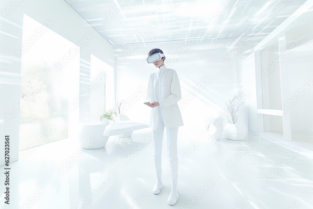 Fototapeta premium VR goggles technology concept with a person wearing virtual reality glasses device in white room. Generated AI.