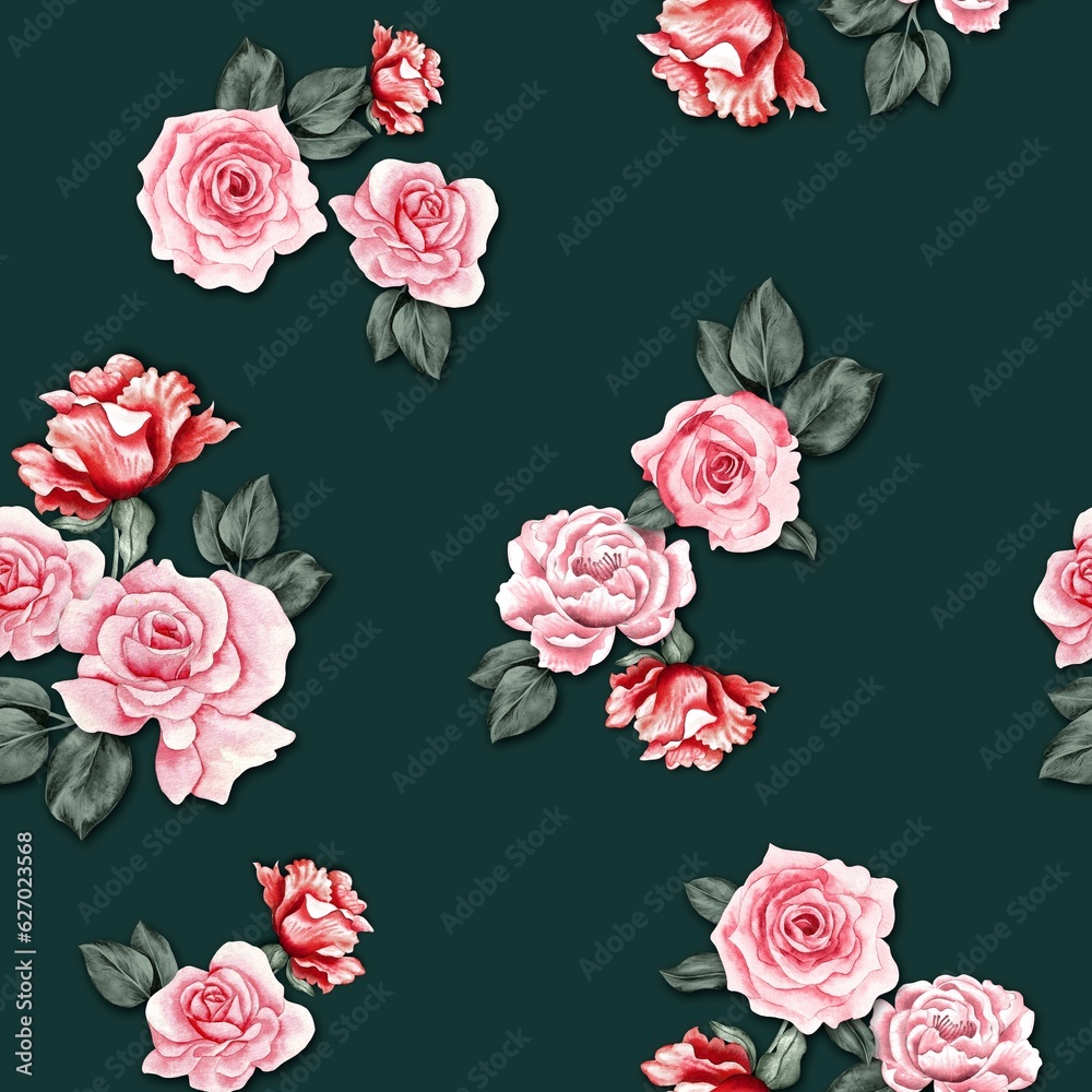 Watercolor flowers pattern, red tropical elements, green leaves, dark green background, seamless