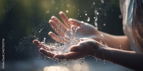 Womans Hands with Water Splashing, Symbolizing Water Scarcity and Global Impact photo