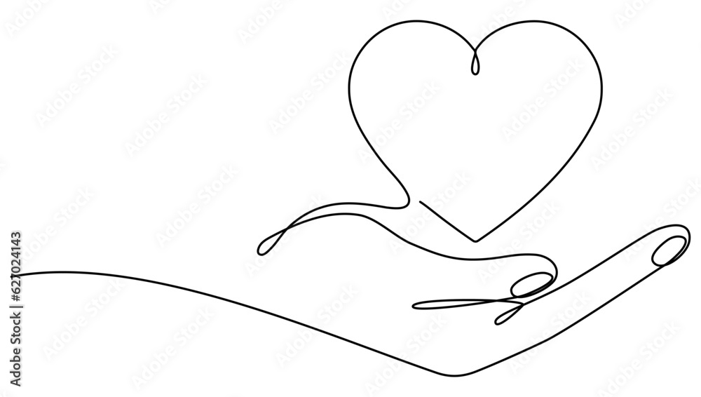 Hand holding heart continuous one line drawing. Love concept. Vector illustration isolated on white.