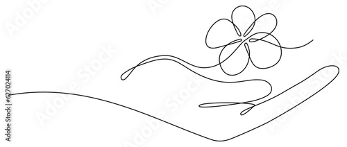Hand holds flower continuous line art drawing. Plumeria one line symbol. Frangipani blossom. Vector illustration isolated on white.