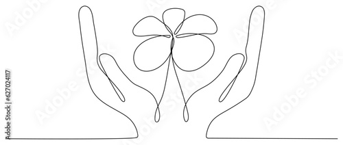 Hands hold flower continuous line art drawing. Plumeria one line symbol. Frangipani blossom. Vector illustration isolated on white.