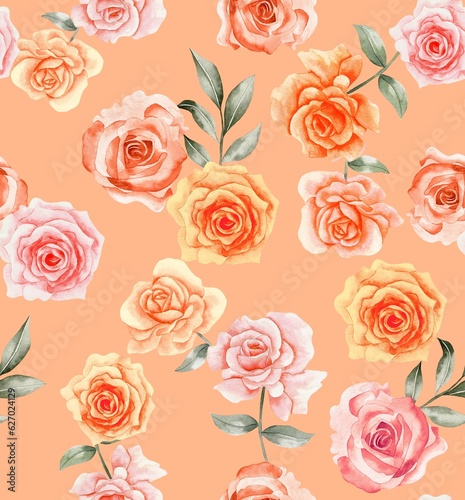 Watercolor flowers pattern  red and orange roses  green leaves  orange background  seamless