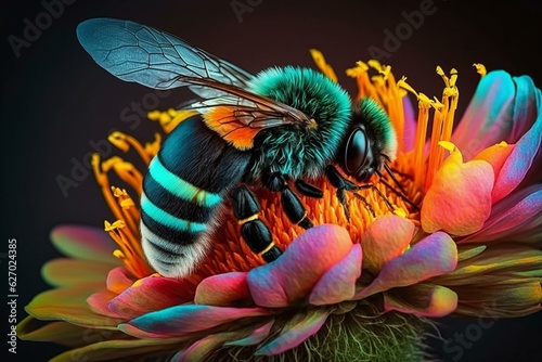 Bee perched on multi-colored flower. Generative AI © Aida