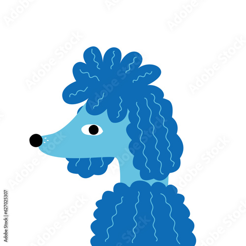 Curly blue poodle. Cute kids graphic. Vector hand drawn illustration.