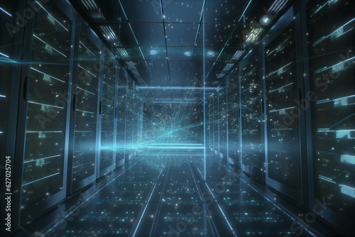 futuristic corridor of data center internet cloud server visualization of datastreams photo