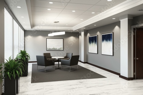 Neutral reception area with conference space and exit. Generative AI