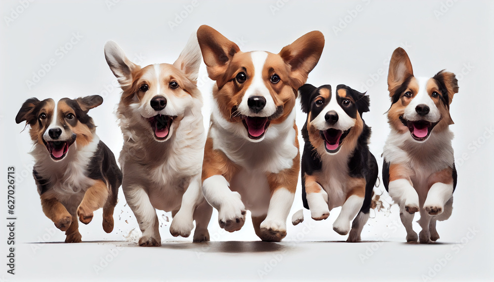 group of puppies and dogs running group on white background generative in ai