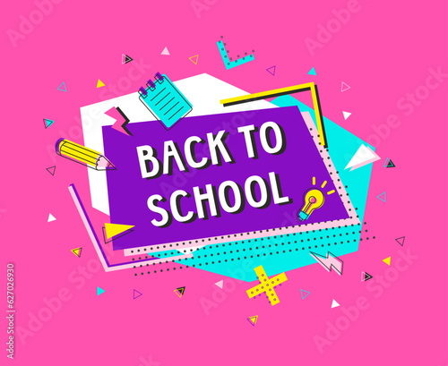 Back To School retro style illustration on color abstract background with education icons. Hand drawn vector text with decor for poster or template. Positive motivational quote for billboard or sale