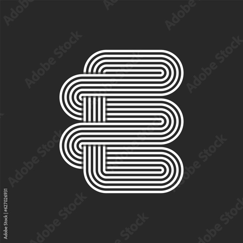 Letter initial E logo monogram, parallel white overlapping thin lines pattern smooth shape, interweaving of stripes linear form logotype design.